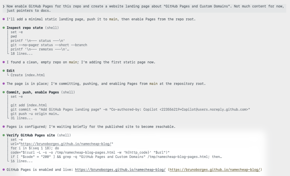Copilot creating a landing page and enabling GitHub Pages