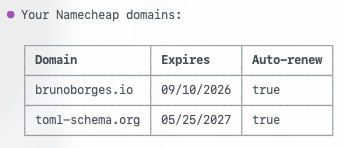 Copilot CLI listing the domains in the Namecheap account
