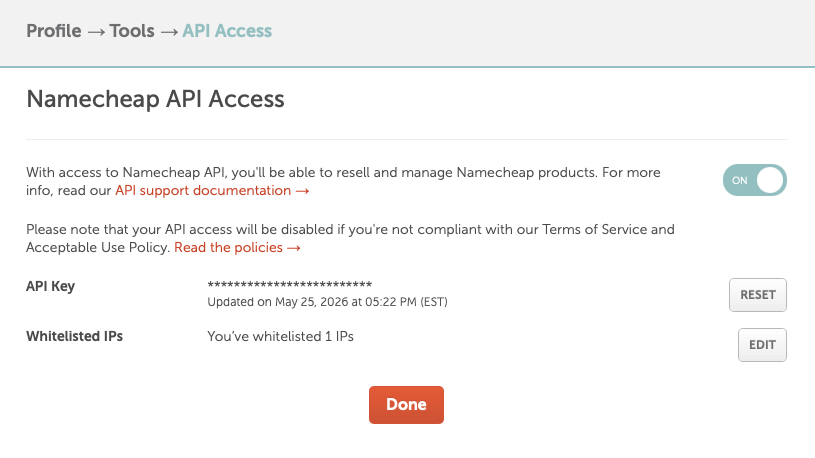 Namecheap API access page showing the ON toggle, whitelisted IPs, and API key
