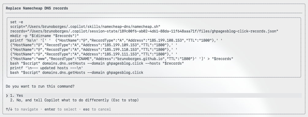 The skill replacing DNS records with GitHub Pages A records and a CNAME